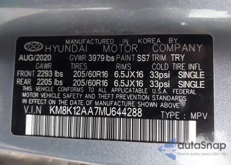 2021 Hyundai Kona Se z USA, uszkodzony, nr VIN KM8K12AA7MU644288